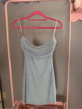Windsor Light Blue Beaded Cowl Neck Mini Dress